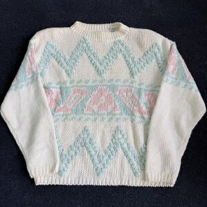 Vintage Liz Thomas Sweater Womens Medium White Crew Neck Geometric Chunky-Knit